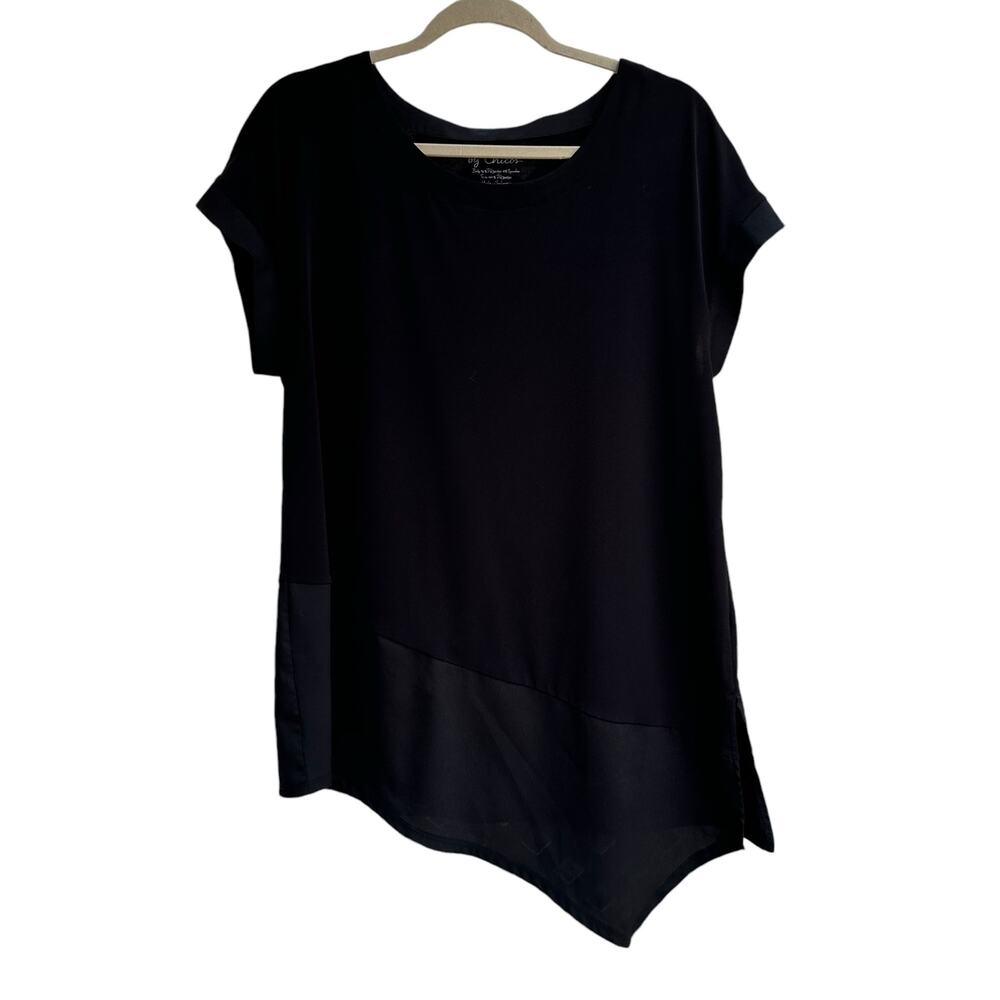 Chicos Top Womens Size 2 Black Short‎ Sleeve Sheer Detail Flowy